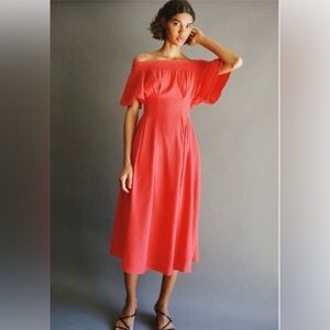ZARA Pleated Rustic Dress Red/Coral Smocked Linen small